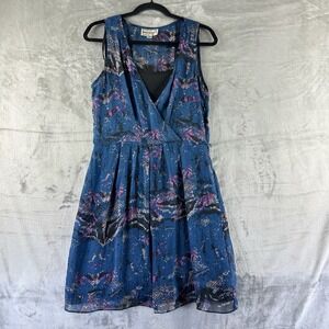 Karin Stevens Dress Women's 10 Blue Purple Design Side Zip Sheer & Lined